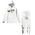 A two-piece white tracksuit set featuring a pullover hoodie and matching jogger pants, both with black and yellow 'GO GET HER' graphic prints, shown on a plain white background.