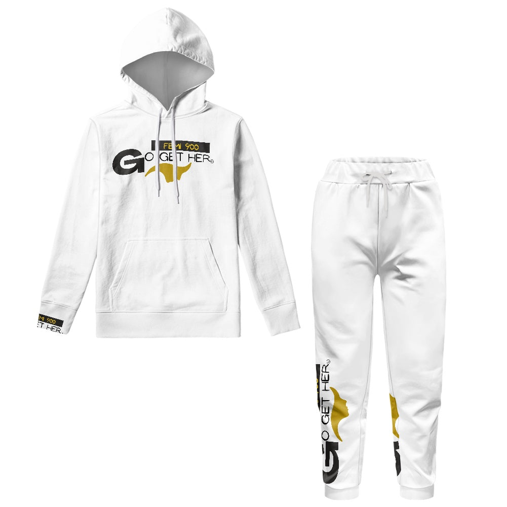 A two-piece white tracksuit set featuring a pullover hoodie and matching jogger pants, both with black and yellow 'GO GET HER' graphic prints, shown on a plain white background.